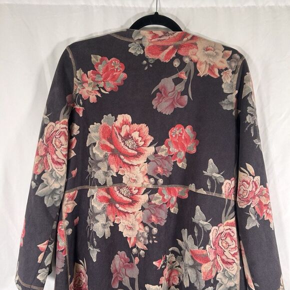 Solitaire Cardigan Size Medium Grey Floral Open Front Faux Suede - Picture 9 of 10